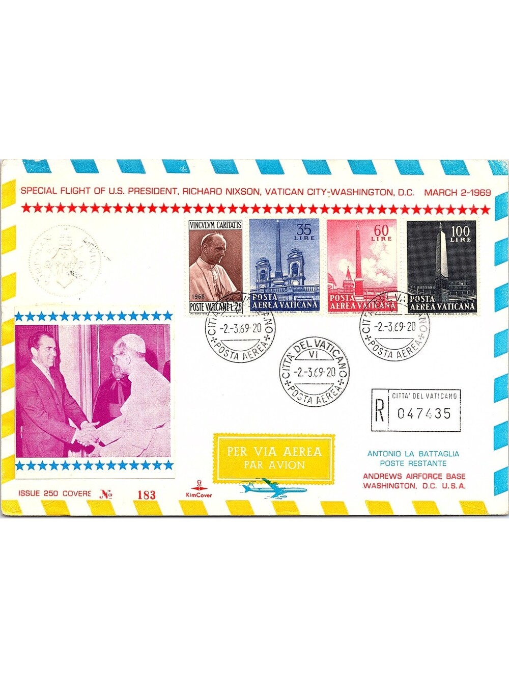 1969 Vatican City Special Flight Cover Pope Paul VI & President Richard Nixon FD
